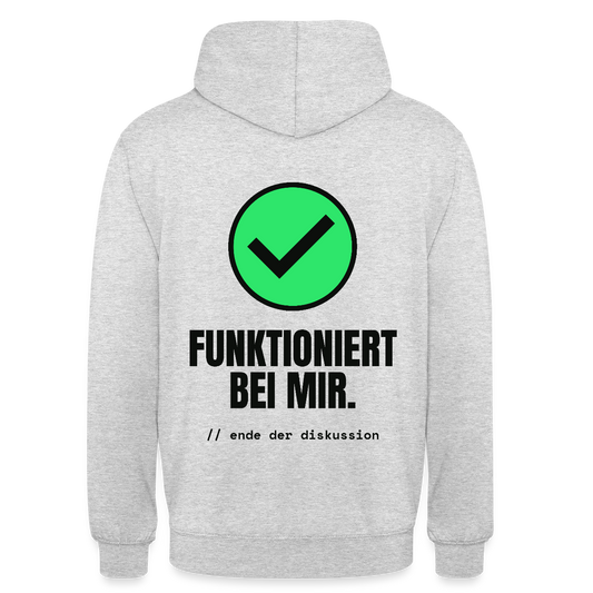 Funktioniert bei mir. Ende der Diskussion. Motiv-Hoodie unisex, Farbe Hellgrau meliert