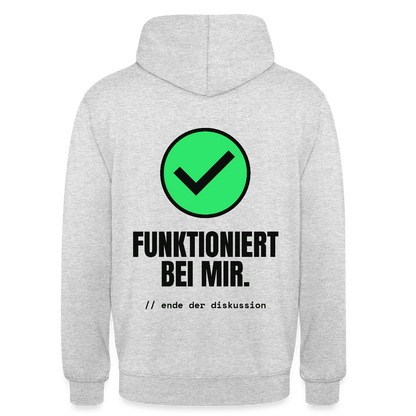 Funktioniert bei mir. Ende der Diskussion. Motiv-Hoodie unisex, Farbe Hellgrau meliert