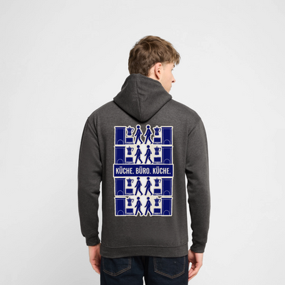"Küche. Büro. Küche." Motiv-Hoodie unisex, Farbe Anthrazit, Model