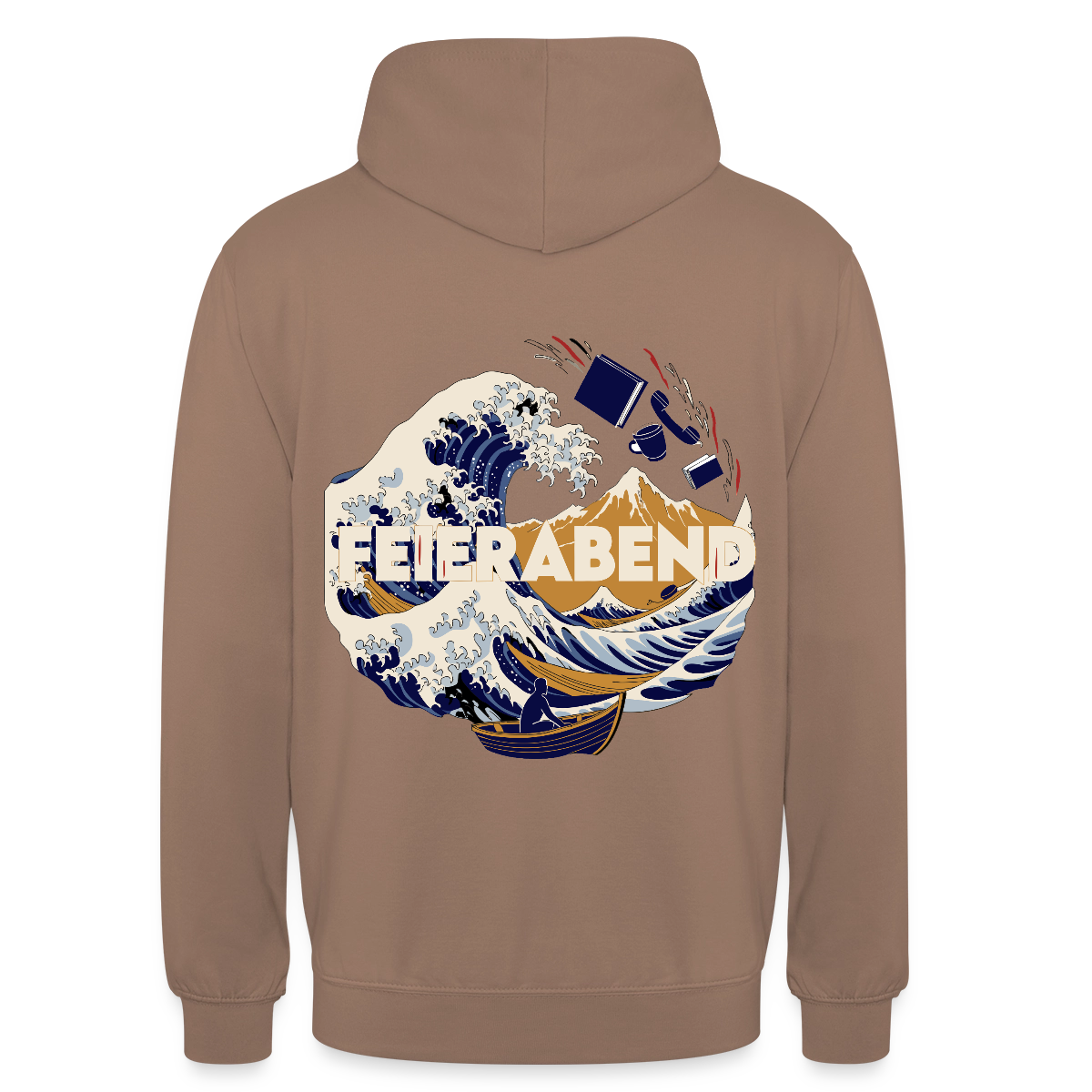 "Feierabend. Ukiyo-e-Motiv" Motiv-Hoodie unisex, Farbe Mokka