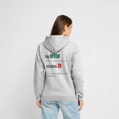 Tür offen. Kalender zu. Motiv-Hoodie unisex, Farbe Hellgrau meliert, Model