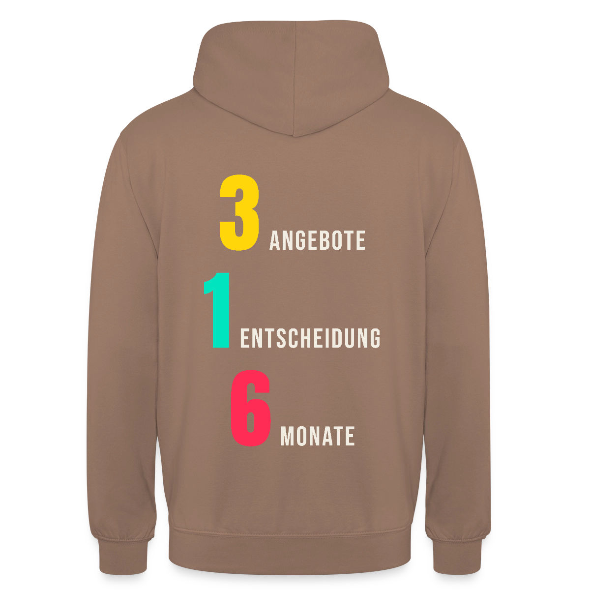 "3 Angebote. 1 Entscheidung. 6 Monate." Motiv-Hoodie unisex, Farbe Mokka