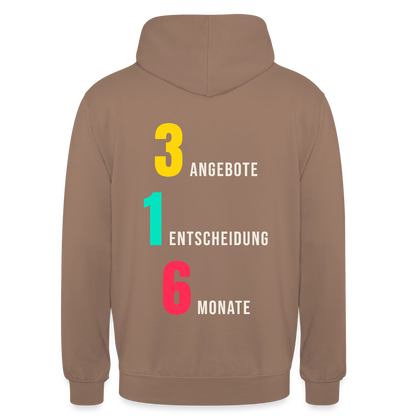 "3 Angebote. 1 Entscheidung. 6 Monate." Motiv-Hoodie unisex, Farbe Mokka