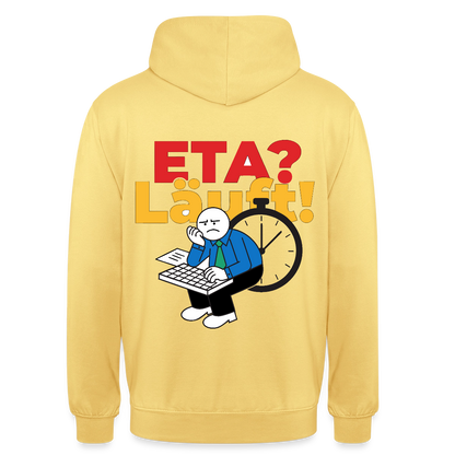 "ETA? Läuft! Strichfiguren-Motiv" Motiv-Hoodie unisex, Farbe Zitronengelb