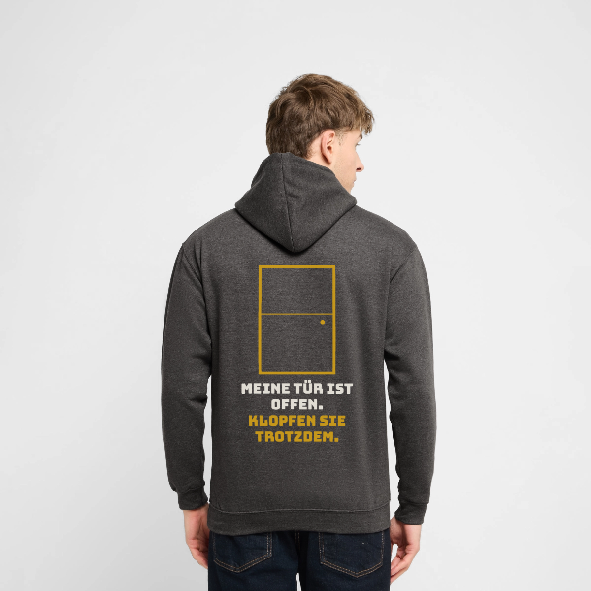 "Meine Tür ist offen. Klopfen Sie trotzdem." Motiv-Hoodie unisex, Farbe Anthrazit, Model