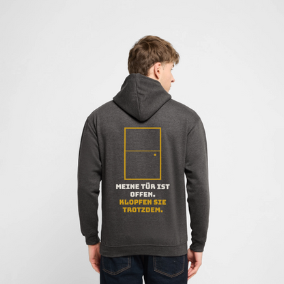 "Meine Tür ist offen. Klopfen Sie trotzdem." Motiv-Hoodie unisex, Farbe Anthrazit, Model