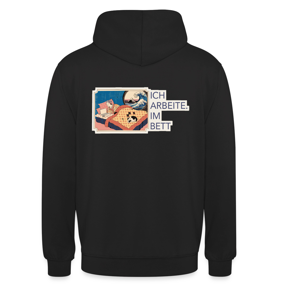 Ich arbeite. Im Bett. Motiv-Hoodie unisex, Farbe Schwarz