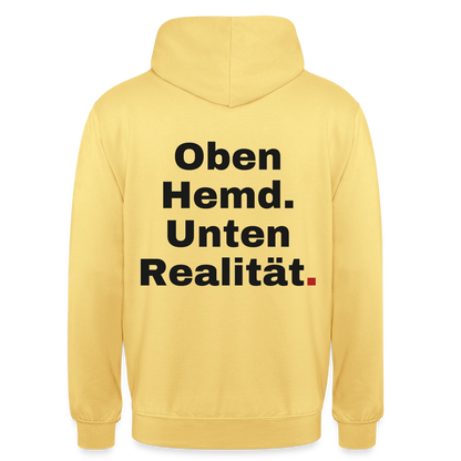 Oben Hemd, unten Realität Motiv-Hoodie unisex, Farbe Zitronengelb