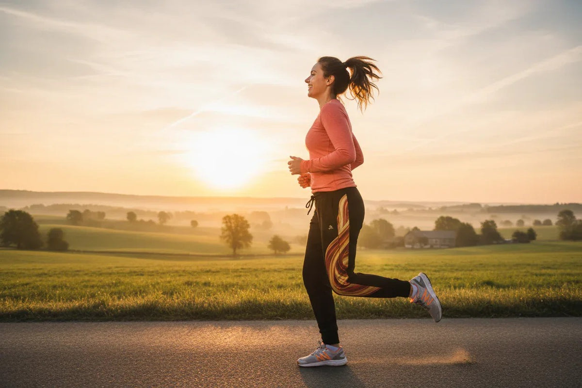 Frau joggt bei Sonnenaufgang über einen Feldweg, in schwarzer Jogginghose mit Streifenmuster