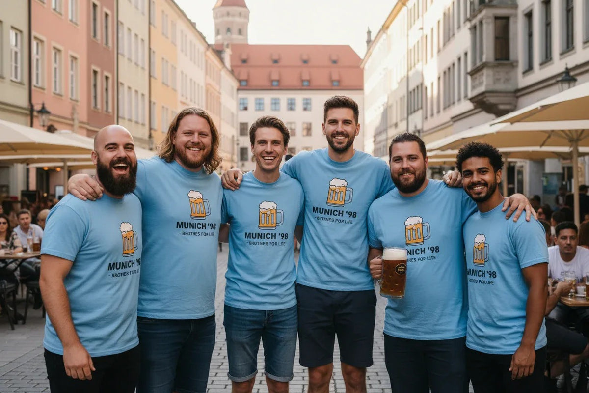 Sechs Männer in hellblauen JGA-Shirts mit Bierkrug-Motiv und „Munich '98“ in einer Altstadtgasse