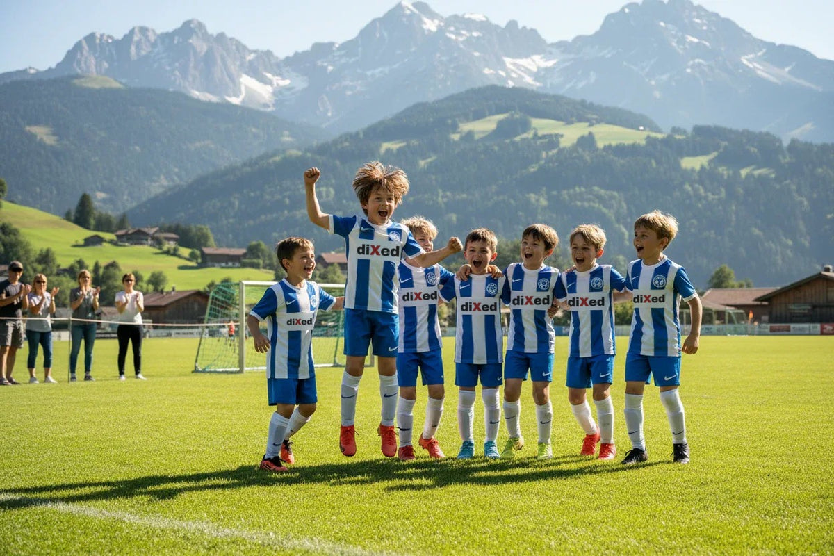 Kindermannschaft in blau-weißen Trikots mit diXed-Aufdruck jubelt auf dem Fußballplatz vor Bergkulisse