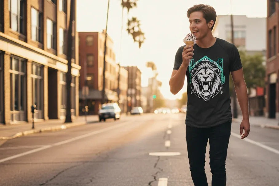 Junger Mann mit Eis läuft im Abendlicht über eine Straße, er trägt ein schwarzes T-Shirt mit Löwenmotiv