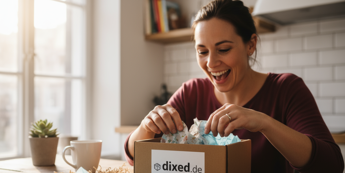 person is unwrapping a dixed.de gift package at her kitchen table coming from a friend