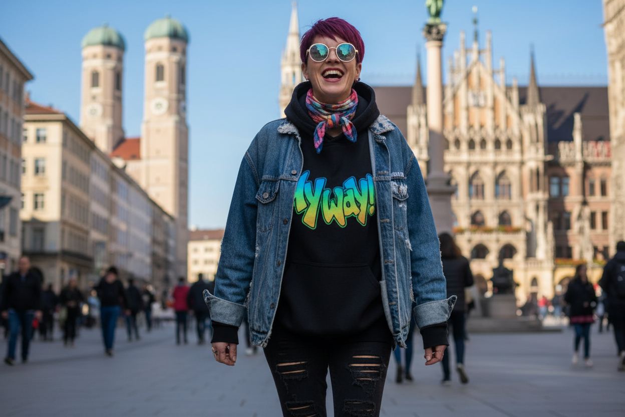 Lachende Frau im selbst gestalteten Hoodie mit buntem Aufdruck und Jeansjacke auf dem Münchner Marienplatz